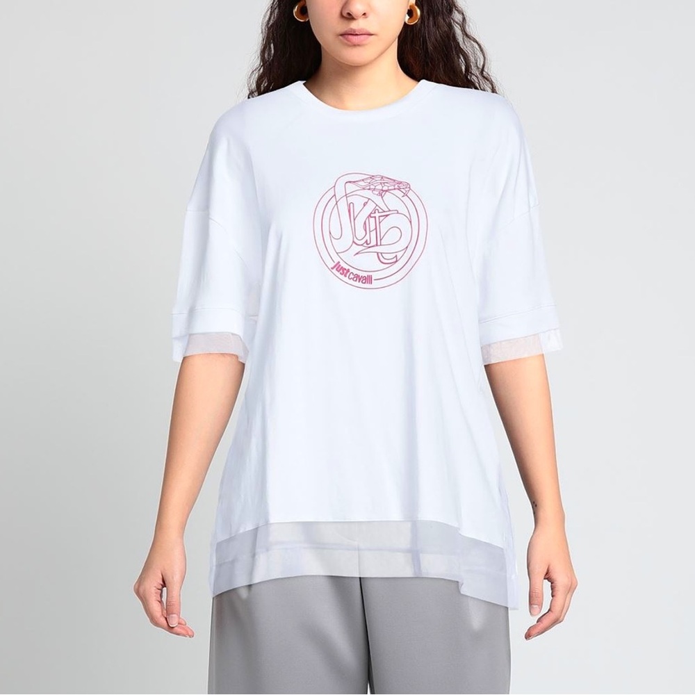 Just Cavalli Pink Logo White Layered Mesh Trim Short Sleeve Shirt